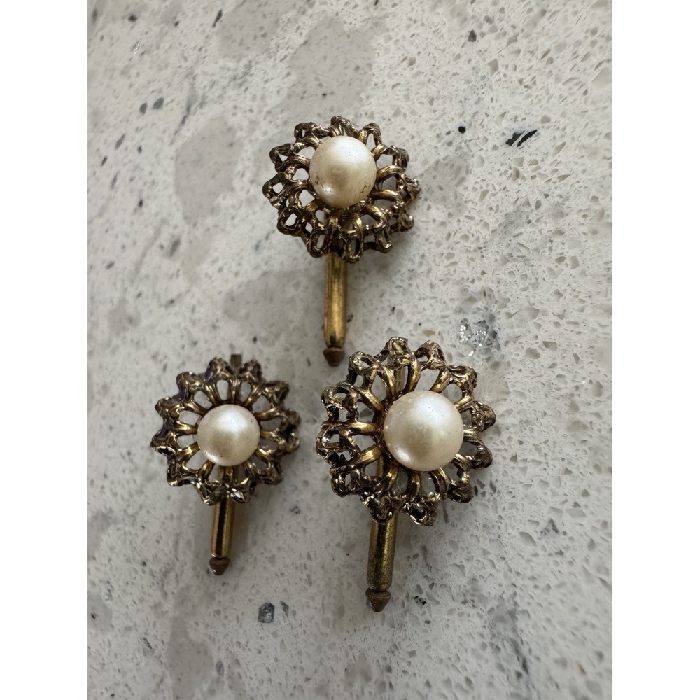 Vintage Tuxedo Studs Set Of 3 Gold Tone Filigree With Faux Pearl